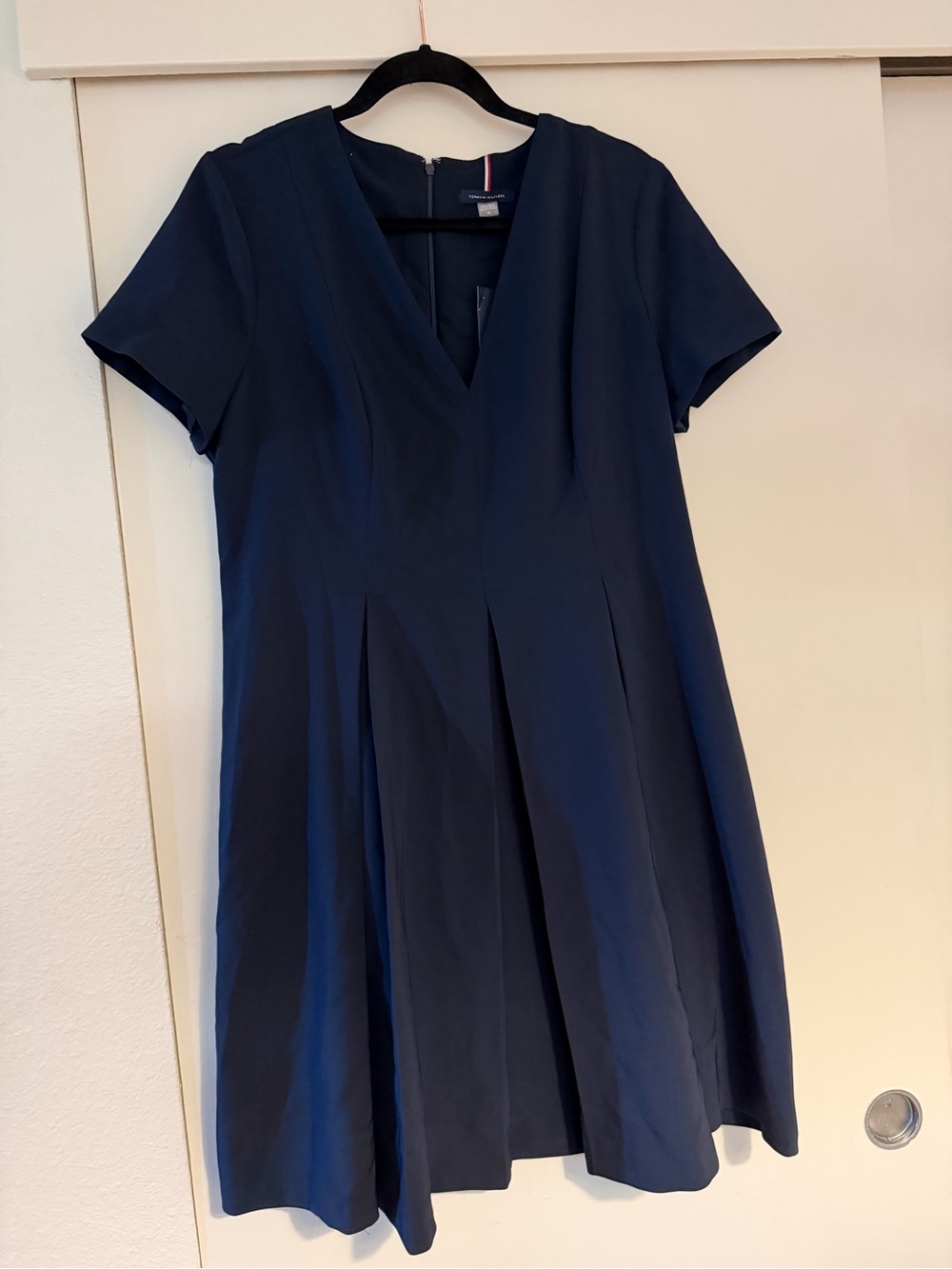 Tommy Hilfiger Navy V-Neck Short Sleeve Pleated Dress